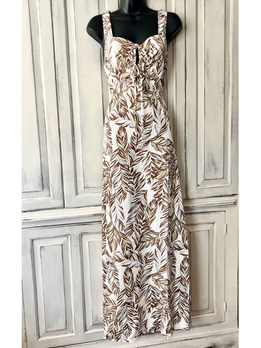 🟠NWT CALISTA Sleeveless Palm Print Maxi Dress in Off White/Sage/Brown LARGE